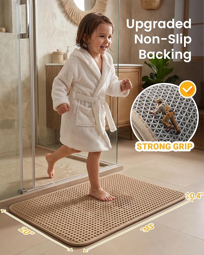 Upgraded Non Slip Waffle Bath Mat, Super Absorbent Bathroom Rug, 20x30 inch | Boho Decor Kitchen Rug, Soft & Machine Washable Bathroom Floor Mat for Tub, Sink, Vanity, Entryway, Brown