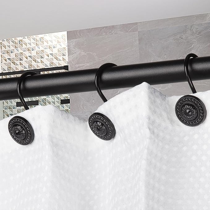 Black Shower Curtain Hooks, Rust Proof Decorative Shower Curtain Rings for Bathroom, Shower Curtain Hooks for Shower Liner, 12Pcs | Rustproof Zinc Alloy,4mm wire holds 50lb,5-layer anti-rust coating,Smooth Glide, Easy Install,For Bathroom,12Pcs