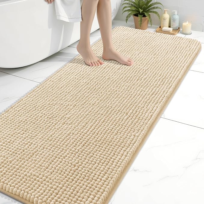 Arotive Chenille Bathroom Rugs 70x24, Soft Absorbent Bath Mat, Beige | Rubber Backing, Machine Washable Dry Bath Mats for Bathroom Floor, Tub and Shower, Home Decor Accessories