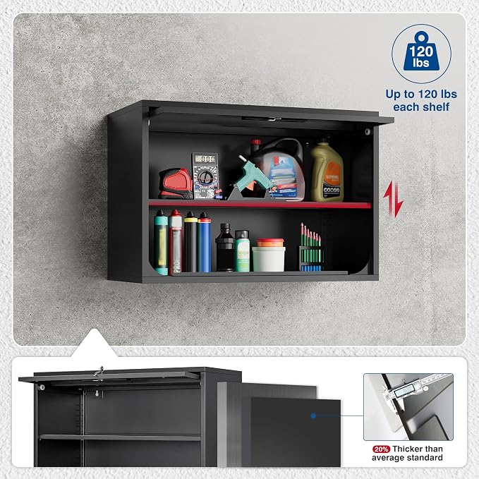 Fesbos Metal Storage Cabinet Black Wall Cabinets with Shelf and Locking Door - Wall Mounted Storage Cabinet for Garage Warehouse Home Office - Assembly Required