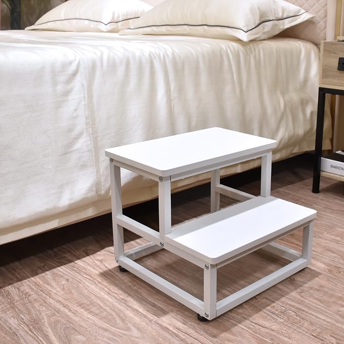 SZLHANJZ Step Stool, Wood & Metal Step Stools for Adults Kids, 500 LB Load | 2 Steps for Adults Kids, Steps for High Beds with Round Corners, Small Stepping Stool for Bedroom Kitchen, White