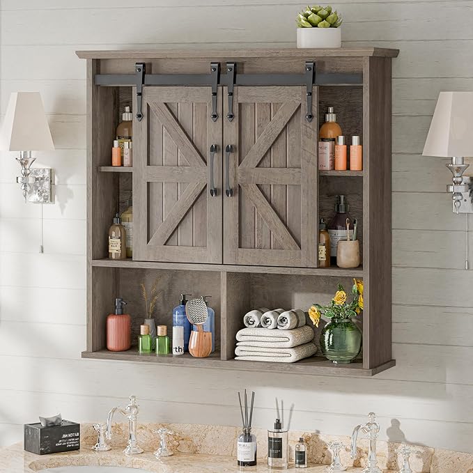 Vabches Bathroom Wall Cabinet, Farmhouse Medicine Cabinet, Washed Oak | Wooden Vintage Storage Cabinet Wall Mounted with Double Sliding Barn Door and Adjustable Shelf for Bathroom, Kitchen