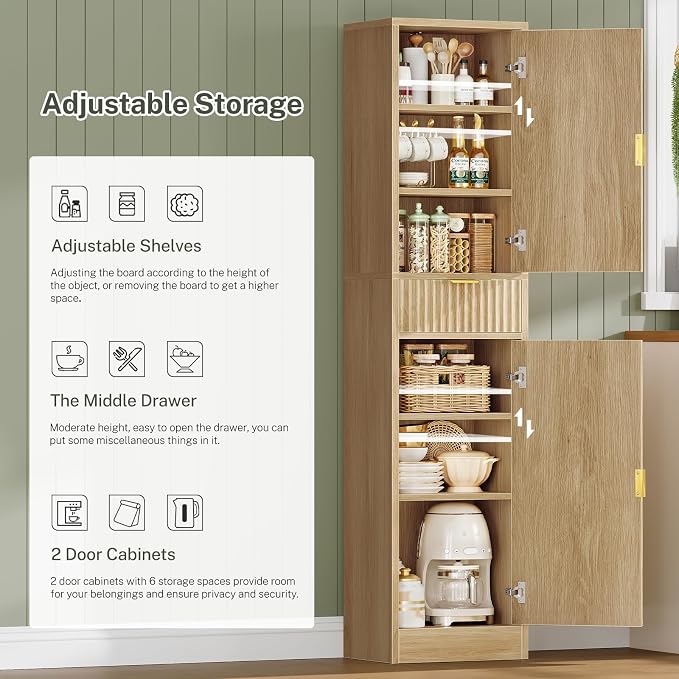 67″ Storage Cabinet with 1 Drawer and 2 Doors,Tall Bathroom Storage Cabinet with Adjustable Shelves, Rattan Fluted Cabinet for Bathroom, Living Room, Kitchen, Natural Oak