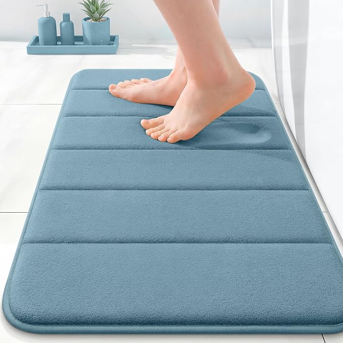 OLANLY Memory Foam Bath Mat 24x16, Super Soft and Absorbent Bathroom Rugs | Airy Blue, Quick Dry Bath Rug, Machine Washable Shower Floor Mats, Bathmat Carpet for Bathroom Floor, Tub and Shower