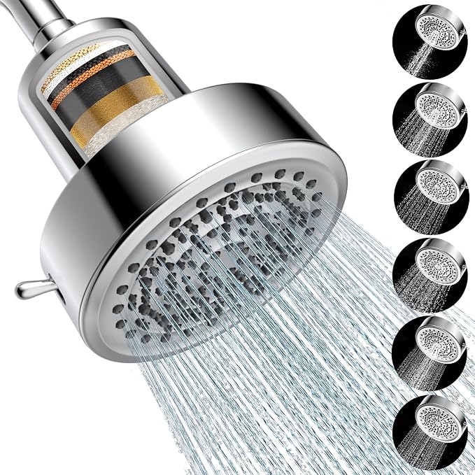 Filtered Shower Head, Shower Head with Filters for Healthy Hair & Skin | Filtered Shower Head for Hard Water,Removes Chlorine & Heavy Metals,6 Mode Settings,High Pressure,Easy Install,Water Softener