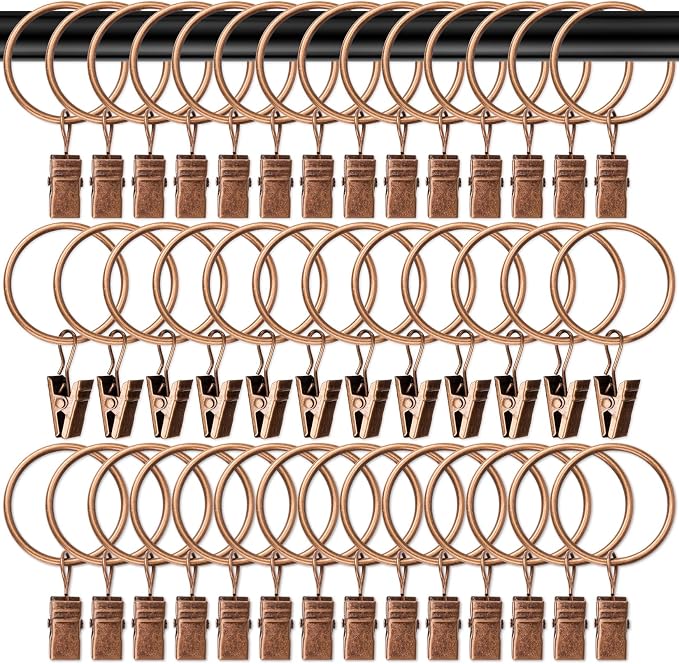 MAQIHAN 40PCS Curtain Rings with Clips - 1.26 Inch Antique Copper Rings | Warm Tone Metal Drapery Clip Rings for Boho Curtains, Macrame Displays, Photos, Crafts, Cafe Panels and Retro Home Decor