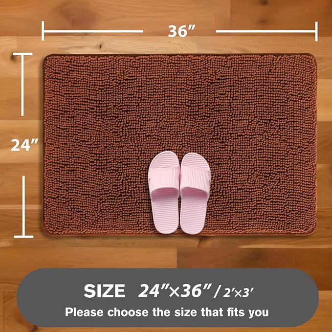 Rust Bathroom Rugs – Absorbent and Washable Bath Mat, Non-Slip, Thick Soft Chenille Bath Rugs for Bathroom Floor, Shower, Sink - 24" x 36"