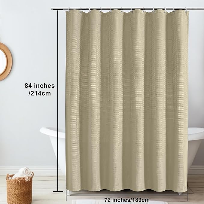 Extra Long Shower Curtain Set - 84 Inch Long Waffle Weave Heavy Duty Cloth Shower Curtain for Bathroom, Luxury Weighted 230GSM Bath Curtain Set with 12 Plastic Hooks, 72Wx84L, Taupe