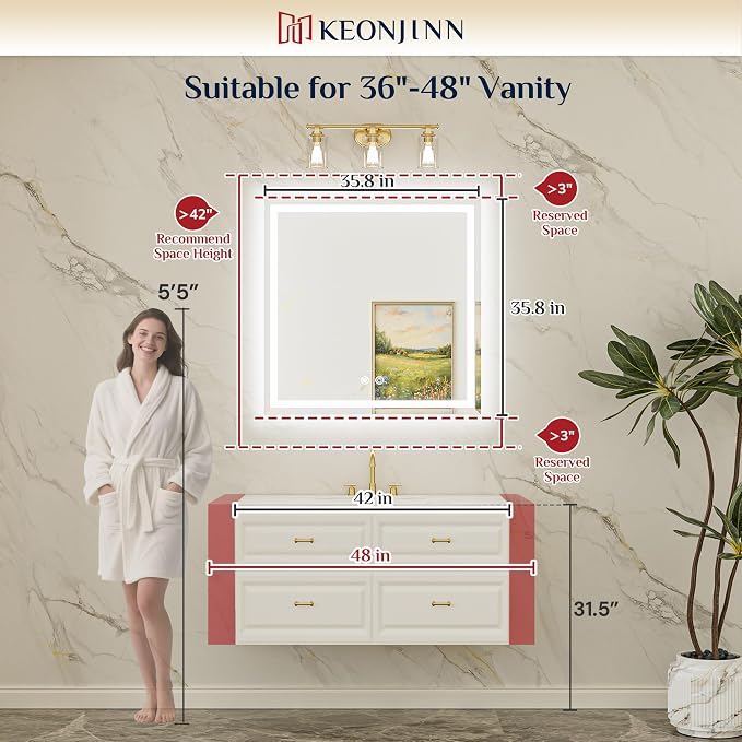 Keonjinn Beveled Lighted Mirror for Bathroom Wall 36" x 36", Tempered Glass | Frontlit & Backlit, LED Bathroom Mirror with Light, 3000K/4500K/6000K, Fast Anti-Fog, Stepless Dimmable, Memory Function