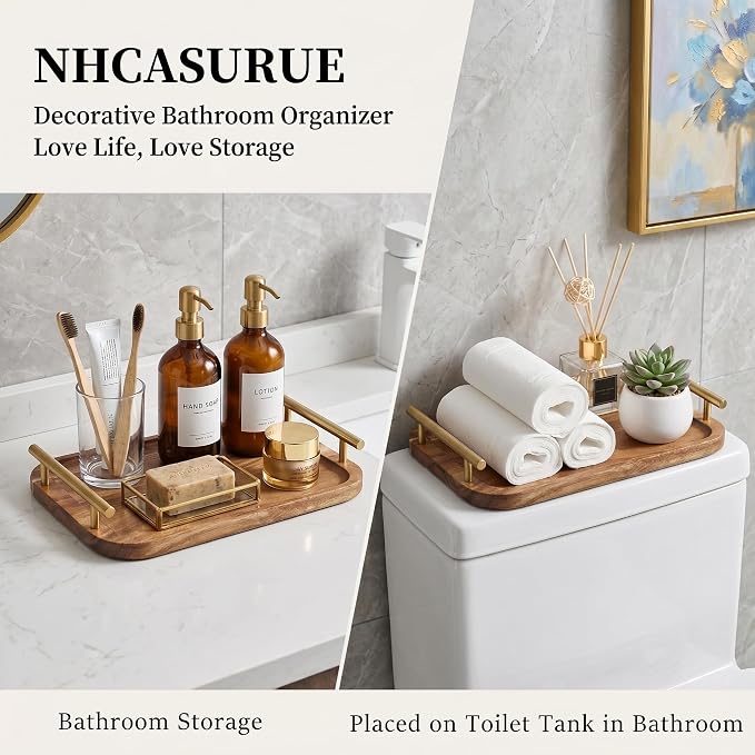 Bathroom Tray for Countertop Organizer,Vanity Tray with Gold Handle, Acacia Wood Tray for Bathroom Decor,Toilet Tank Tray, Multipurpose Organizer Rack for Lavatory, Bathroom, and Kitchen 13.98"X 9.45"