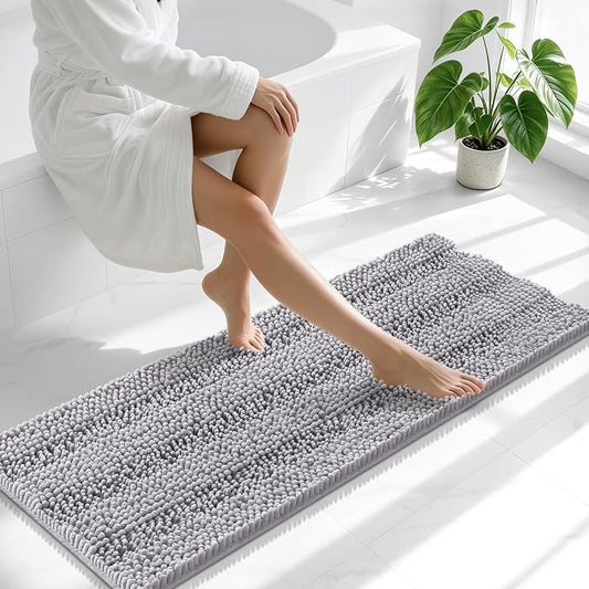Smiry Thick Chenille Bathroom Runner Rugs 47x17, Absorbent Bath Mat, Grey | Quick‑Dry & Machine Washable, Non‑Slip Bath Carpet, Soft Striped Bath Rugs for Tub & Shower, Modern Home Decor Accessories