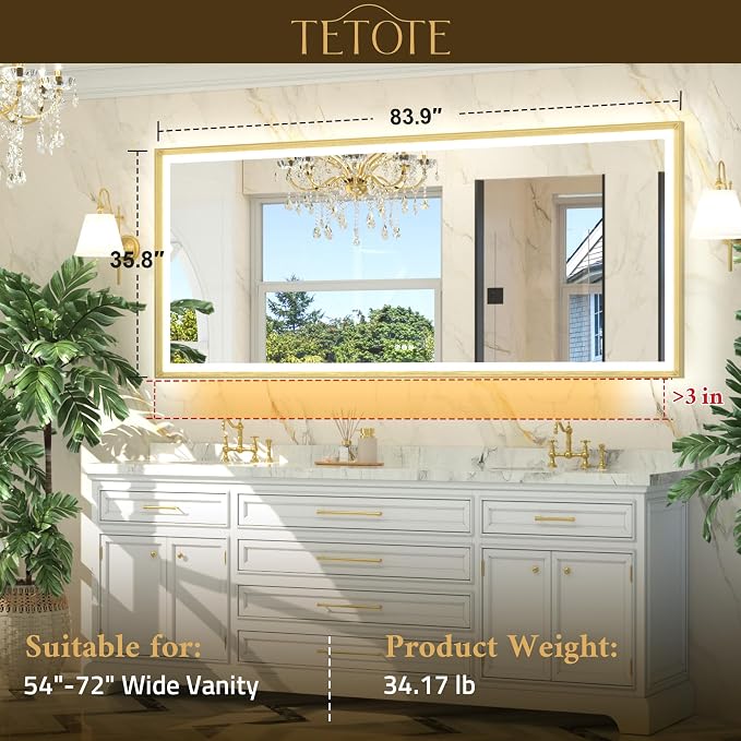 84x36 LED Bathroom Mirror with Lights Gold Frame Frontlit & Backlit Lighted Vanity Mirror Baroque Anti Fog Dimmable White/Warm/Natural,CRI90+,Waterproof,Wall Mounted(Horizontal/Vertical)