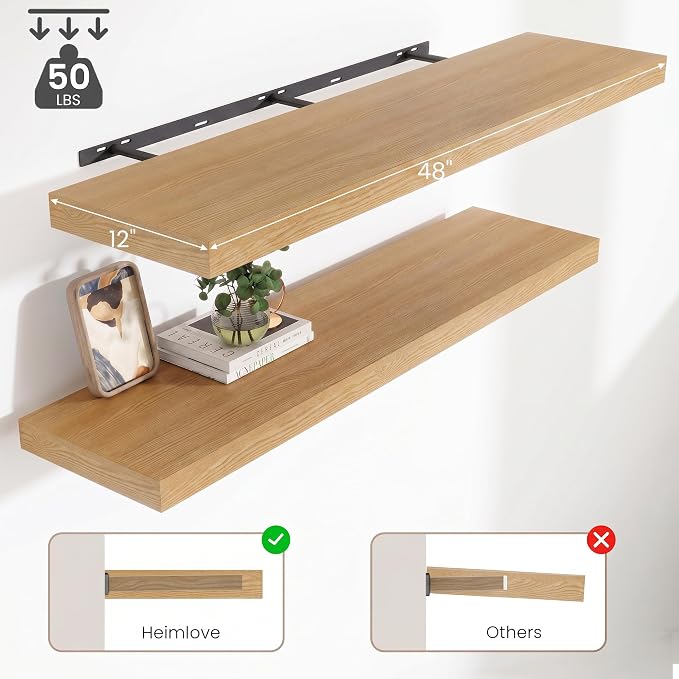 12 Deep Floating Shelves for wall,48 Inch Extra Long Large Wall Shelves Set of 2,2 Inch Thick Heavy Duty Floating Wall Mounted Shelves,Floating Shelf for Fireplace Mantel,Oak Color