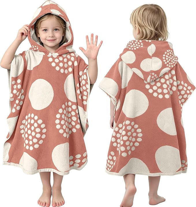 VOOVA & MOVAS Kids Hooded Poncho Towel, 4-8 Years, 100% Cotton, Red Dot | Exquisite Dot Jacquard Weave, Smooth Fabric, Soft, Absorbent & Quick Dry, Suitable for Bathing and Seaside