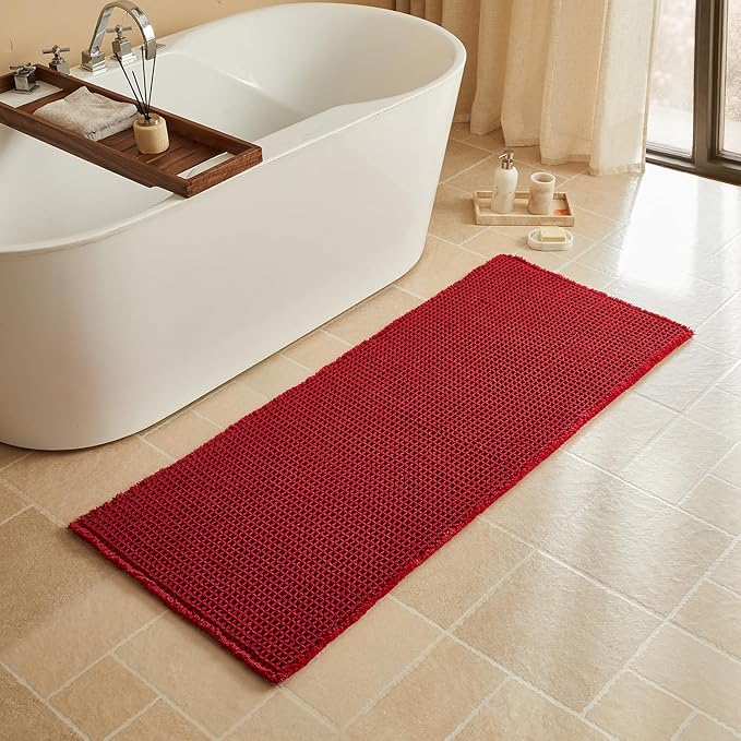 Triohero Waffle Runner Bath Mat - Long Bathroom Rugs Non Slip Washable, Ultra Soft Super Absorbent Quick Dry Boho Farmhouse Bathroom Decor, 24" x 60"', Burgundy