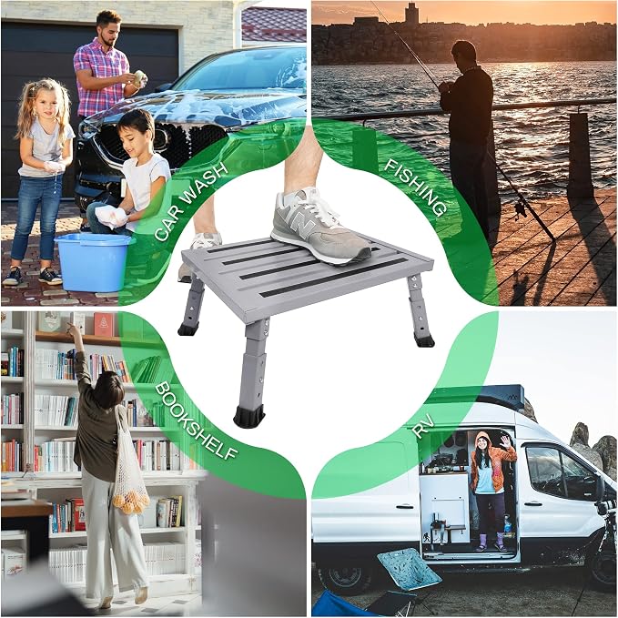 Adjustable RV Step Stool, Wide Platform, Foldable Legs, Silver | 3 Height Settings, 1,000-lb Capacity, Aluminum Frame, Non-Slip Rubber Feet, Portable Step for Camper Stairs and Trailers