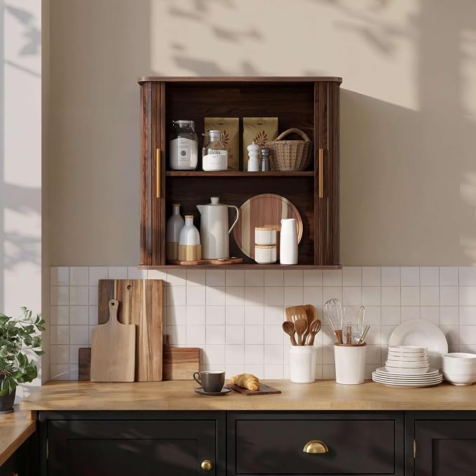 FIMELLO 29.5" W Bathroom Wall Cabinet, Laundry Room Cabinets Wall Mounted with Sliding Tambour Door, Kitchen Wall Cabinet, Floating Cabinet for Wall, Upper Cabinets, Brown Walnut
