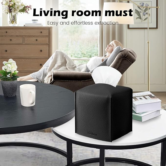Tissue Box Cover, Tclouda, Modern PU Leather Square Tissue Box Holder for Creative Decorative, Ideal for Bathrooms/Office/Car/Nightstand/Outdoor Tent/Dining Table, 5"X5"X5", Single Black