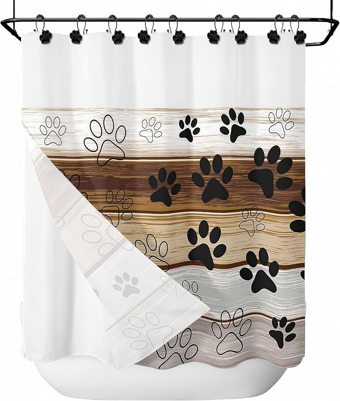 Sunlit Fashion Design Cute Paw Print Polished Double Shower Curtain Hooks for Dog Cat and Bear, Rust Proof Oil Metal Shower Curtain Rings, Black-12 Pack