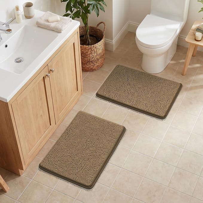 Bcoimo Bath Rug Mat Sets, 2 Piece Extra Soft Chenille Tan Bathroom Mat Set | Non Slip with Rubber Backing 24x17 Bath Mat; Machine Washable;Extra Soft Bath Rug;High Absorbent、Quick Drying Microfiber mat