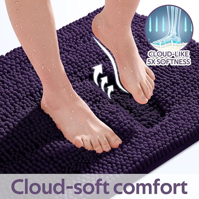 Striped Eggplant Purple Bathroom Rug Mat Set 2 piece 32"x20"+60"x20" Ultra Soft, Non Slip Chenille Bath Rugs, Absorbent Plush Shaggy Bath Mats for Bathroom, Bedroom, Kitchen, Shower, Tub