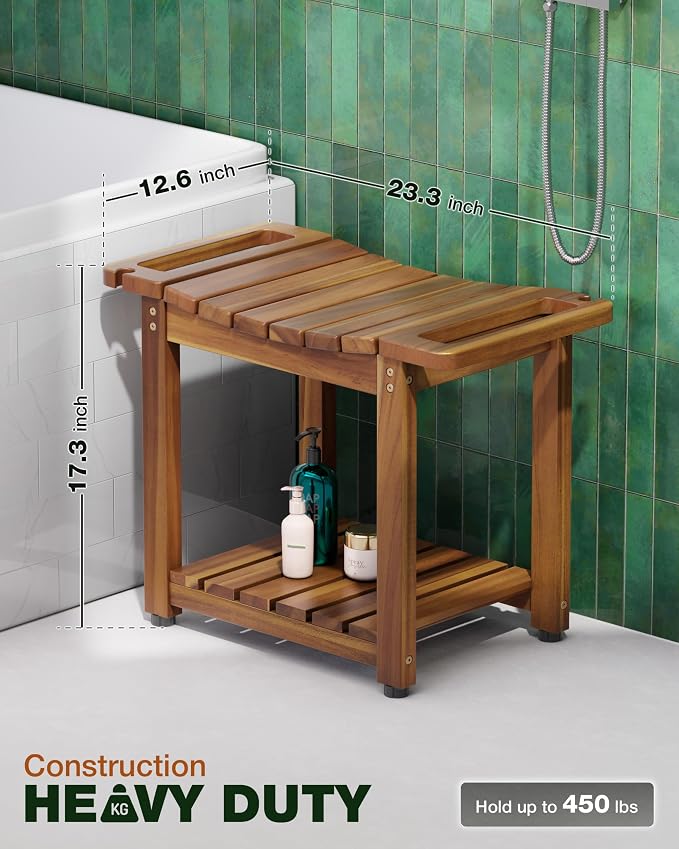 Bluewest 23.4 Inch Shower Bench with Storage Shelf, Natural Wood and Handle | Waterproof Bathroom Spa Bench for Sitting Inside the Shower and Shaving Legs, with a Built-In Handle and Shower Head Holder.