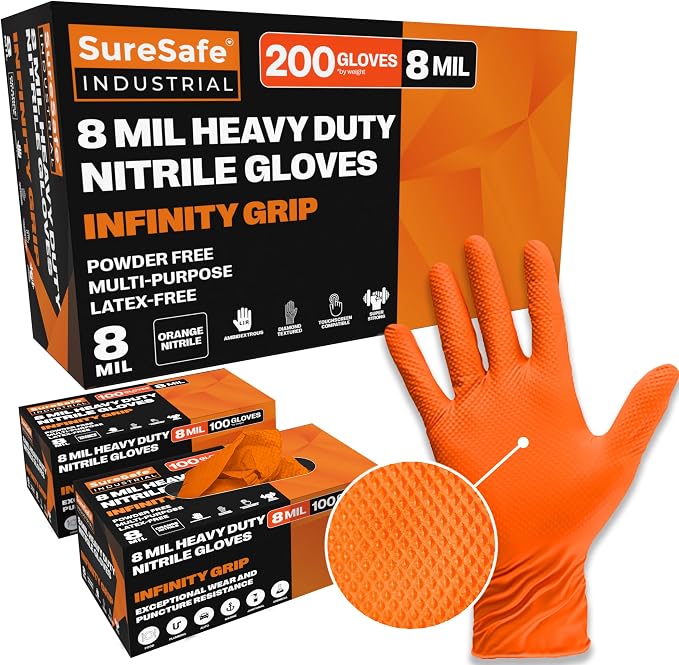 Orange Nitrile Gloves, 8 Mil Powder-Free Latex-Free Disposable | High-visibility diamond-texture grip for automotive, mechanic, construction, shop; heavy-duty, tear and puncture resistant