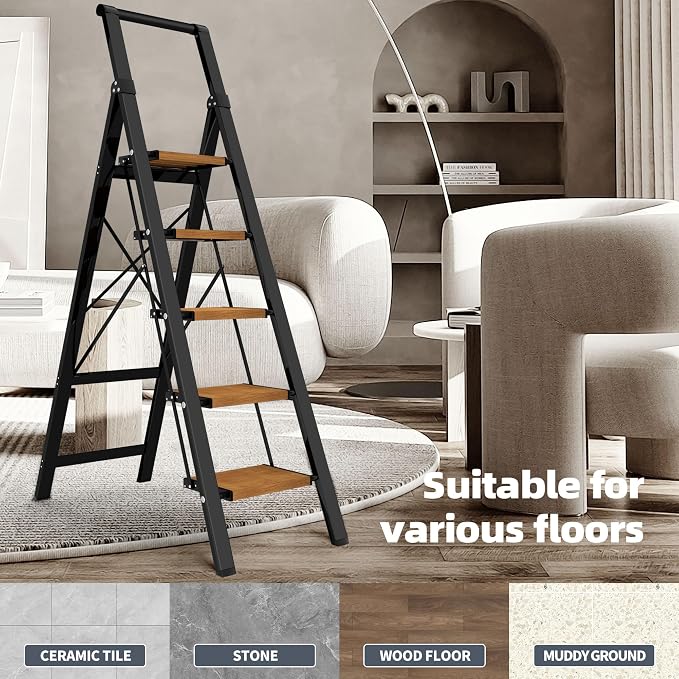 HillhutApex Aluminum 5 Step Ladder, Step Stool Foldable(Black Woodgrain) | Anti-Slip Pedals,330lbs Capacity,Lightweight Folding Ladders for Home,Office,Libaray
