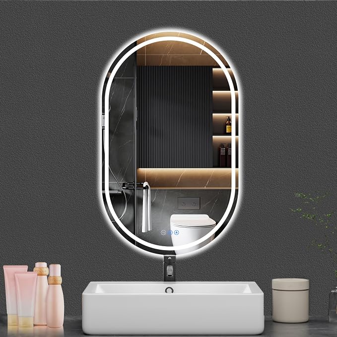 Oval LED Bathroom Mirror, 22"x 36" Frameless Lighted Mirror | LED Mirror with Front Light & Backlit, Anti-Fog, Dimmable Wall Mounted Lighted Mirror, Pill-Shaped Smart Bathroom Mirror