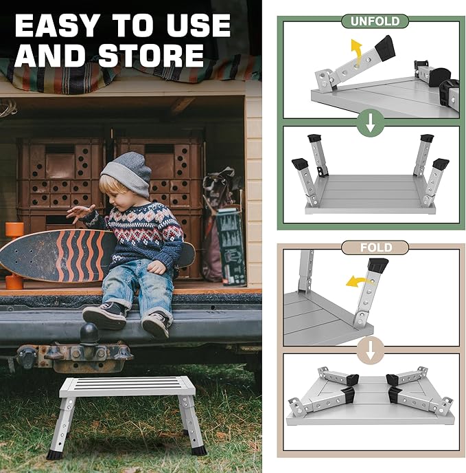 Adjustable RV Step Stool, Wide Platform, Foldable Legs, Silver | 3 Height Settings, 1,000-lb Capacity, Aluminum Frame, Non-Slip Rubber Feet, Portable Step for Camper Stairs and Trailers