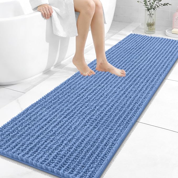 OLANLY Bathroom Runner Rugs 59x20, Thick Soft Absorbent Chenille Bath Rugs | Cornflower Blue, Quick-Drying Rubber Backing, Long Shaggy Bath Mat, Washable for Floor, Tub Shower, Home Decor Accessories
