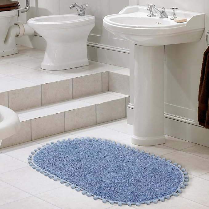 YIRDDEO Oval Rug for Bathroom, Cute Boho Bath Mat with Pom, Dusty Blue | Soft Plush, Absorbent, Quick Dry, Machine Washable, Non Slip Bath Mat for Bathroom Shower Floor Home Decor