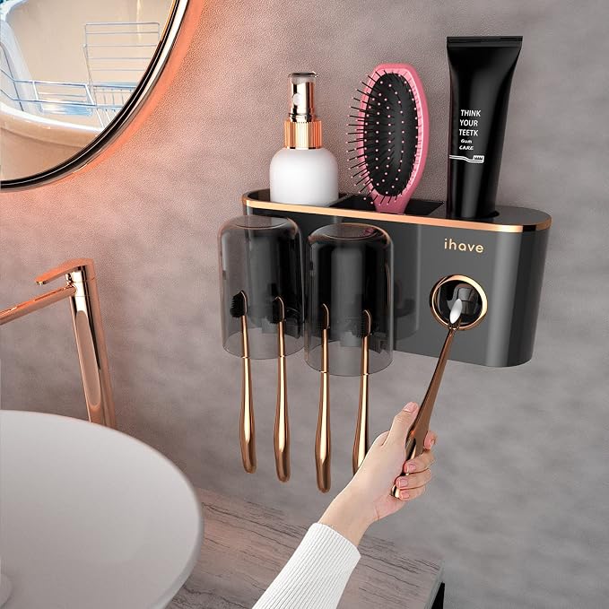 iHave Toothbrush Holders for Bathrooms Wall Mounted with Dispenser & 2 Cups | 6 Slots Wall Mount Toothbrush Holders for Bathrooms with Squeeze Toothpaste Dispenser, 2 Cups & 2 Compartments Organizer