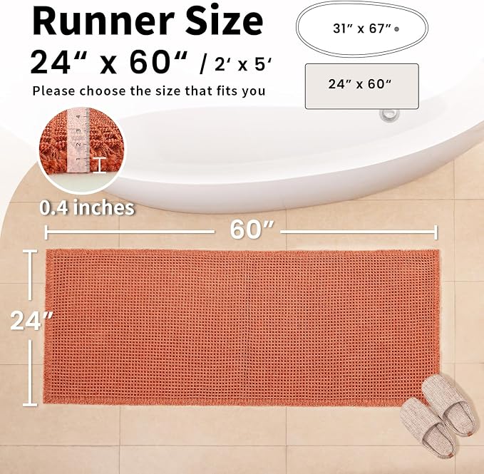 Burnt Orange Bathroom Rug, Fall Waffle Bath Mat Runner, 24" x 60" | Super Absorbent Quick Dry Bath Runner, Washable Waffle Weave, Non Slip Boho Farmhouse Bathroom Fall Decor for Sink or Tub