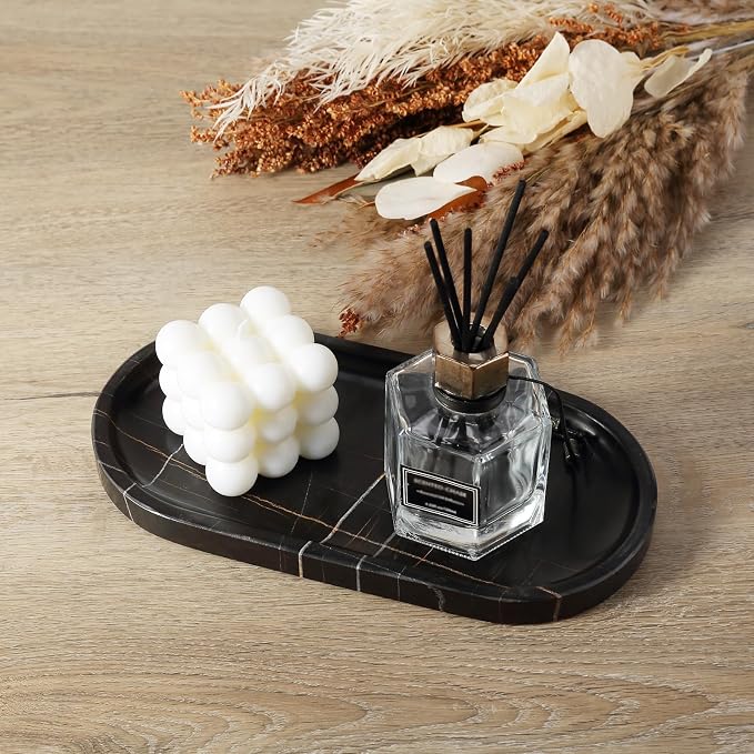 Black Marble Vanity Tray for Bathroom Countertop, 10"x5" Natural Marble Catchall Tray Perfume Trays for Dresser, Stone Jewelry Dish Candle Holder for Home Decor, Stone Oval Trays