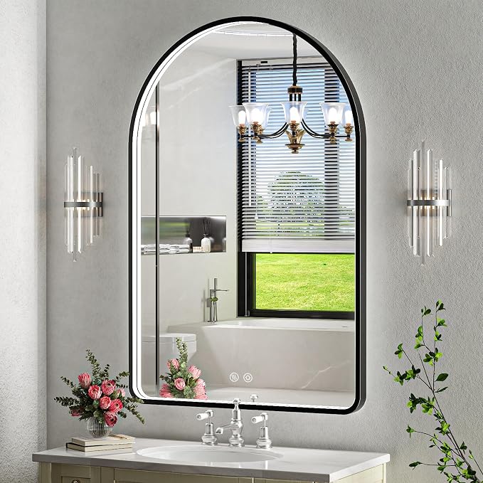 40X30 Inch Black Framed Arched LED Mirror for Bathroom,3 Color | ETL Listed,Anti-Fog,3000K/4500K/6000K Dimmable,Horizontal & Vertical,Wall Mounted,Memory Function,Ideal for Bathroom,Vanity