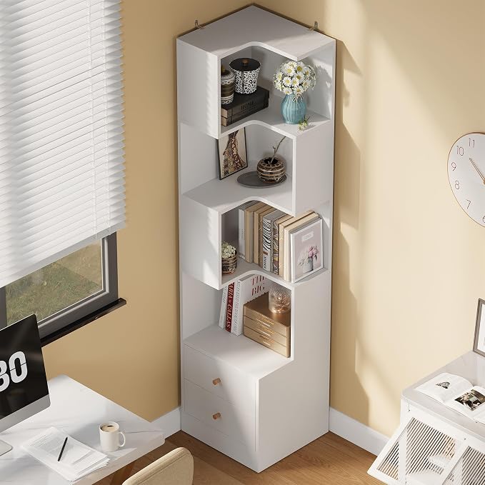IRONCK Corner Bookshelf, 70.87" Tall Corner Bookcase with Drawers, White | 90° design saves space. 110 lb capacity. Corner Shelf Storage Display Rack for Living Room Home Office