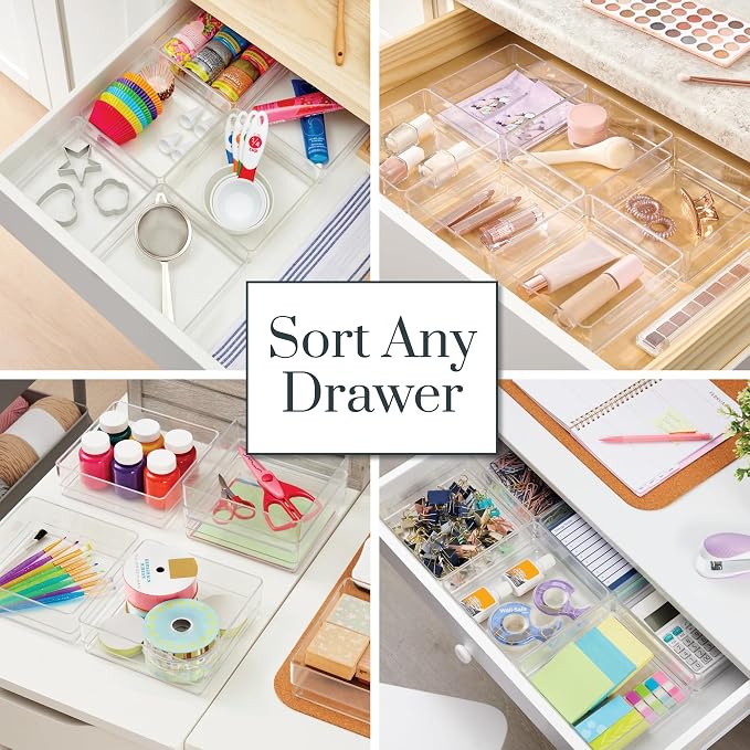 STORi SimpleSort 6-Piece Stackable Clear Drawer Organizer Set | 6" x 6" x 2" Square Trays | Small Makeup Vanity Storage Bins and Office Desk Drawer Dividers | Made in USA