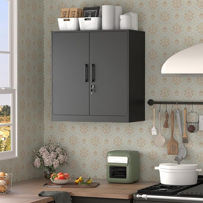 Metal Wall Cabinet,Garage Cabinet with Handle,Lockable Storage Cabinets Wall Mounted with 2 Doors,Locking Cabinet with Shelves for Basement,Office,Living Home,Black
