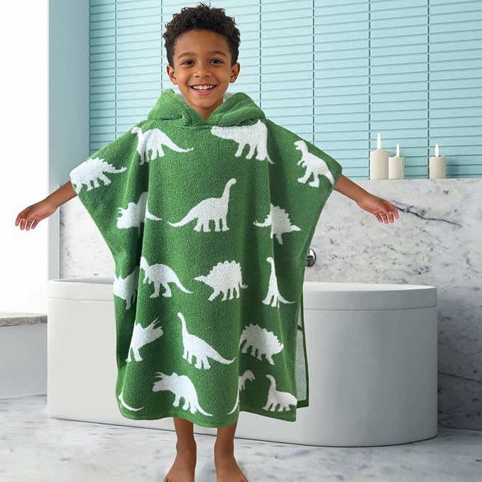 VOOVA & MOVAS Poncho Towel for Kids, 4-8 Years, 100% Cotton, Thick,Dino | 28"x28" Large Size, Cute Dinosaur Jacquard, Soft, Absorbent & Quick Dry, Fits Pool, Bathroom and Swimming