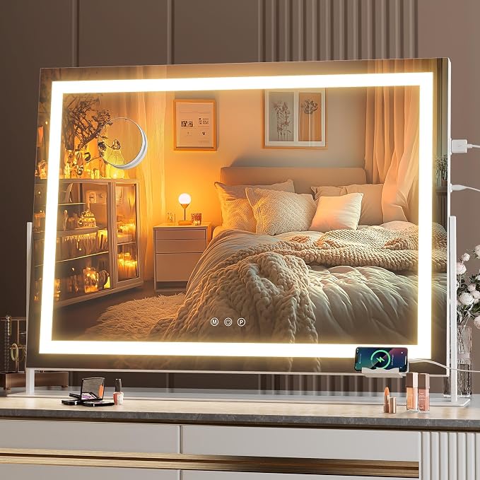 Hasipu Vanity Mirror with Lights, 28" x 20" LED Makeup Mirror, Light up Mirror with 10X Magnification and Phone Holder, USB Charging Port, Smart Touch 3 Colors Dimmable, 360° Rotation (White)