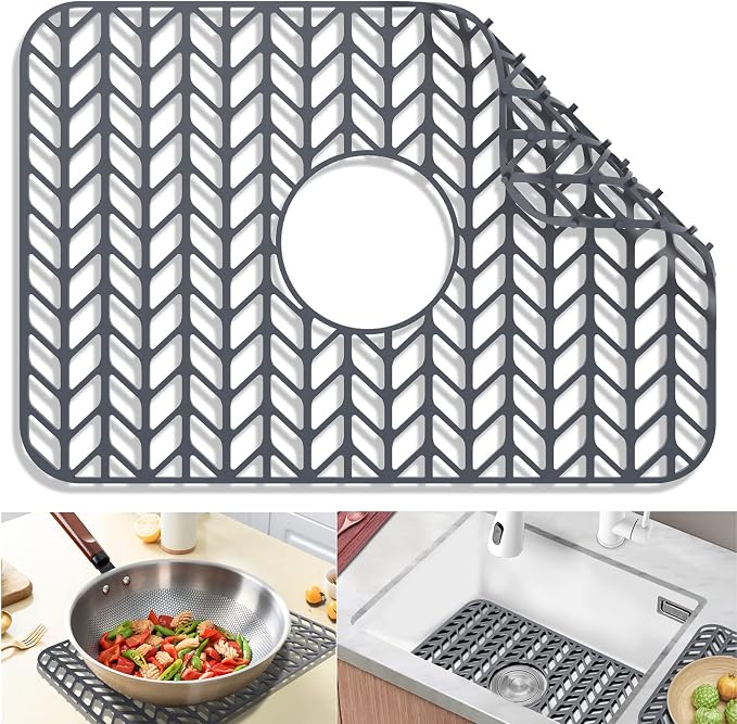 Sink Protectors for Kitchen Sink 18.2"x12.5" Center Drain Sink Mat | Various sizes and styles,Protector for sinks and dish,Withstand to 500F,Food-grade silicone ,raised feet,Dishwasher Washing