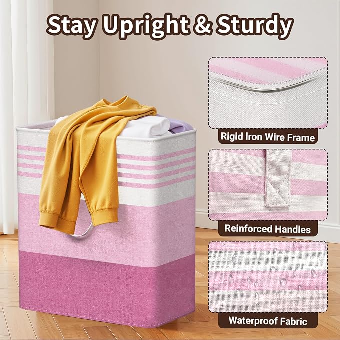 WOWBOX 2 Pack Laundry Baskets, Collapsible Dirty Clothes Laundry Hampers | with Reinforced Handles, Waterproof Coating, 2 Pack for Clean & Dirty Clothes, for Bedroom, Bathroom, Dorm (100L Pink)