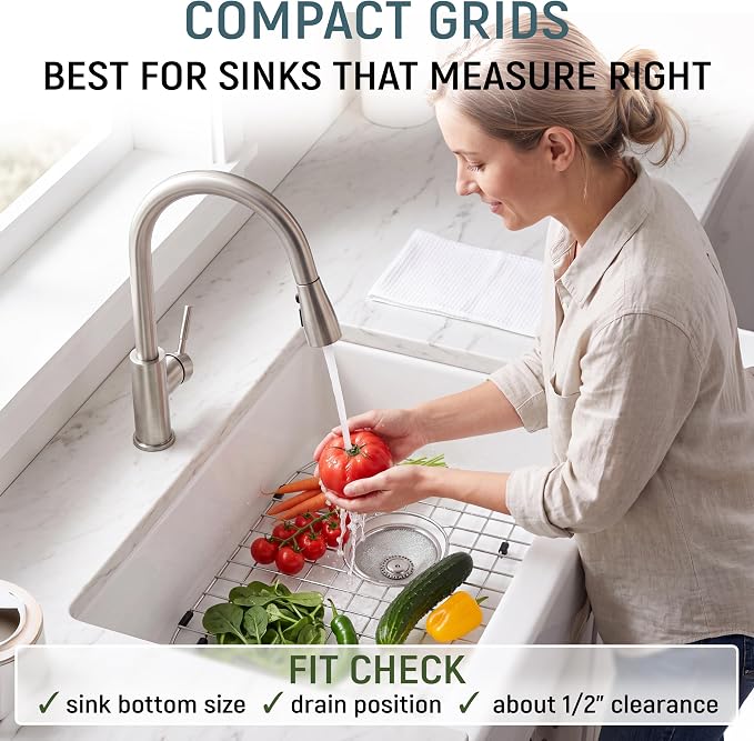 Granatan Kitchen Sink Grid 11.26 x 14.5 Inch, Rear-Center Drain | Stainless Steel Protector Rack with Vinyl Feet for Flat Base Basins