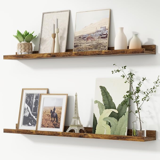 Picture Ledge Shelf, Floating Shelves Set of 2, 40 Inches Nursery Book Shelves for Toys Storage, Kids Bookshelf Wall Mounted for Living Room Bedroom Decor Books Photo Frames, Rustic Brown