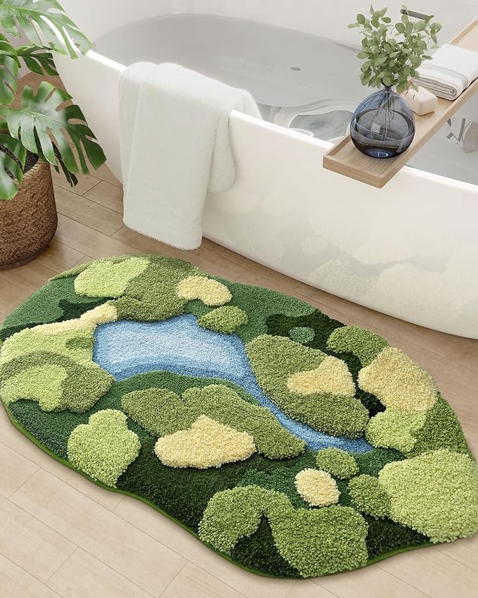 DEXI Cute Moss Bath Mat, Green Oval Bathroom Rugs, 43x24 | Soft and Absorbent Microfiber, Non Slip, Machine Washable Bathmat for Shower Floor, Bedroom, Kids Room, Home Decor