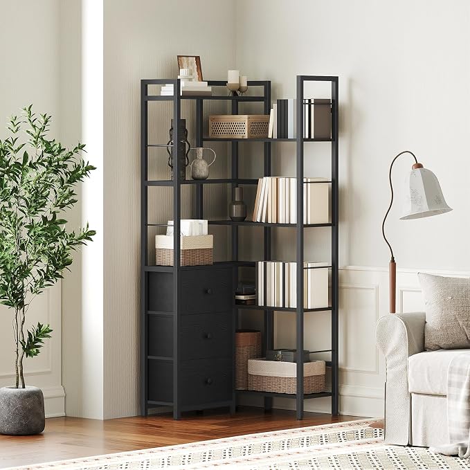 Corner Bookshelf, 7 Tier L-Shaped Bookcase with 3 Drawers, Storage Corner Shelf, Freestanding Tall Display Shelf, Industrial Style, for Living Room, Home Office, Black SJ10BB
