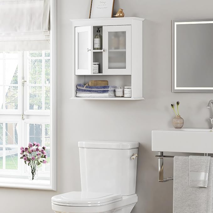 Spirich Bathroom Wall Cabinet with Glass Doors, White Medicine Cabinet | FSC-Certified MDF, Adjustable Shelf, Open Bottom Shelf, Wall Mount Storage for Bath, Kitchen, Laundry Room or Entryway