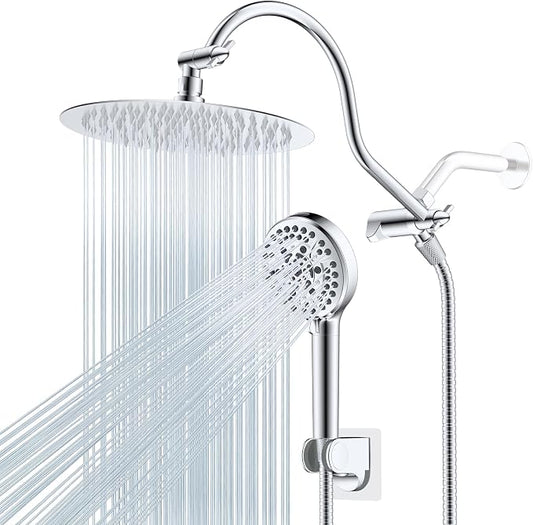 Hibbent All Metal CUPC Certified Shower Head, 10'' High Pressure Rainfall Shower Head, Handheld Showerhead Combo with 12'' Adjustable Extension Arm, 10-Spray, 71'' Shower Hose, Shower Holder, Chrome