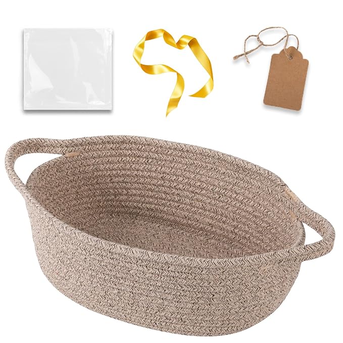 OIAHOMY Small Woven Basket with Gift Bags, Ribbons & DIY Label Card, Baskets for Gifts Empty, Small Rope Basket 12 * 8 * 5IN, Cute Decorative Baskets with Handles for Baby Pets, Toys, Blown